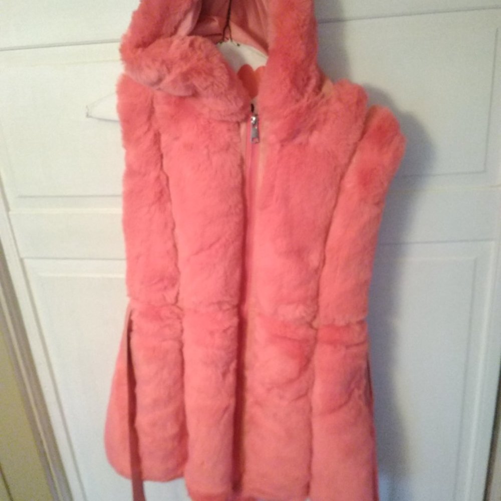 Vintage Austin Powers J&X Pink Long Shawl Faux Fur Hooded Sleeveless Jacket - Picture 4 of 9